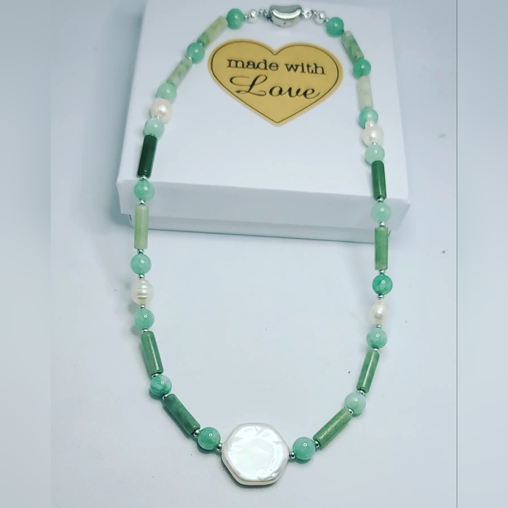 Jade, Freshwater Pearl 925 silver plated clasp necklace